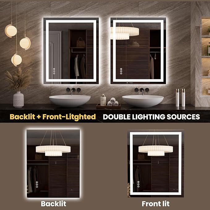 LOAAO 35.4"x29.9" LED Mirror for Bathroom, Lighted Bathroom Mirror with Lights, Anti-Fog, Dimmable, Memory Function, Easy to Install, Clear Reflection