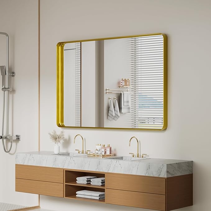 Koonmi Gold Wall Mirror for Bathroom, 36x55 Inch Matte Deep Framed Rounded Rectangle Vanity Mirror for Farmhouse Living Room, Tempered Glass, Anti-Rust, Vertically or Horizontally