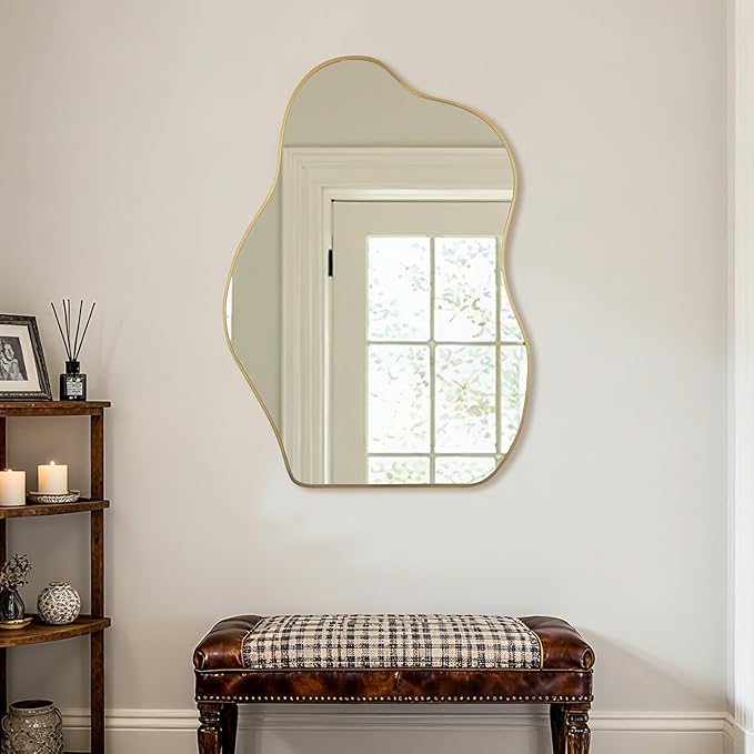 BOMINICA Irregular Wall Mirror Asymmetrical Mirror, Decorative Wall Mirror Golden Wood Framed, Wall Mounted Mirror for Bathroom Living Room Entryway Bedroom Hallway (Gold, 24" x 36")