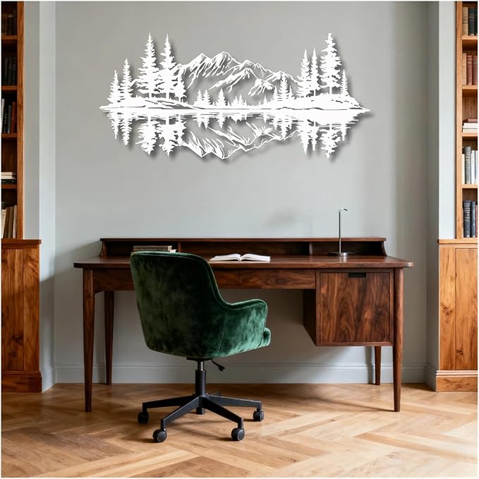 Mountain View Metal Wall Art,Nature Landscape Home Decor with Reflection,Black Iron Sculpture for Bedroom Garden Living Room Outdoor Office(White,48 x22 in/121x56 cm)