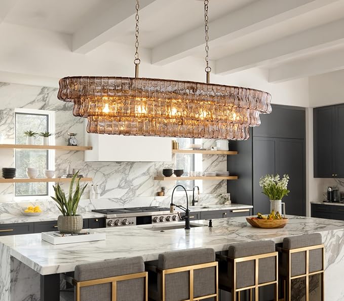 Large Chandelier, 54" Gold Rectangular Drum Chandeliers for Dining Room, 5-Light Modern Round Kitchen Island Hanging Light Fixture for Living Room, Kitchen Island, Foyer
