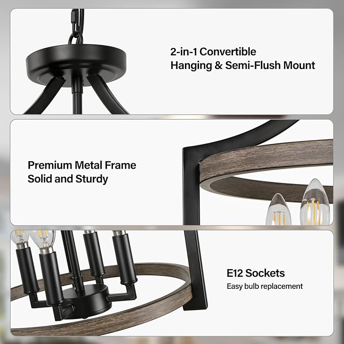 4-Light Farmhouse Chandelier, Rustic Metal Hanging Pendant Lighting, Convertible Semi Flush Mount Ceiling Light Fixture Faux Wood Black Chandeliers for Dining Room Kitchen Foyer Entryway