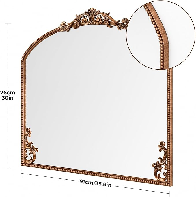 Arched Gold Wall Mirror, 36"X30" Antiqued Baroque Brass Fireplace Mirror Decor, Victorian Vintage Mirror with Metal Frame&Art Carved, for Entryway/Bedroom/Bathroom/Mantle/Hallway