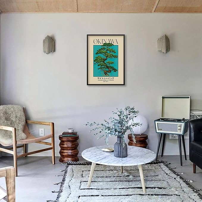 Black Framed Canvas Wall Art Posters Japanese Okinawa Prints Retro Japanese Bonsai Tree Picture Modern Ukiyo-e Decor for Home Bedroom Decorations Artwork 24x32in