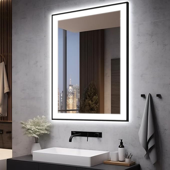 28x36 LED Bathroom Mirror for Wall -Black Aluminum Framed (Front and Backlit), Anti-Fog Vanity Mirror with Lights,Stepless Dimmable Lighted Mirror,3 Colors Smart Mirror(Horizontal/Vertical)