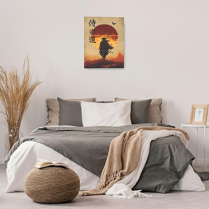 Japanese Samurai Wall Art Oriental Asian Bushido Wall Decor Warrior Figure Canvas Pictures Paintings Prints Japan Traditional Aesthetic Artwork Framed Decorations For Bedroom Living Room Office Gifts 16" x 20"