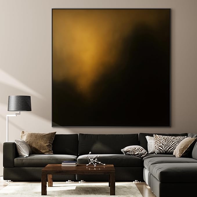 72"x72" XL Framed Wall Art - Dark Abstract Golden Light Glow on Black Modern Painting Minimalist Foggy Forest Tranquil (Frame Assembly Required)