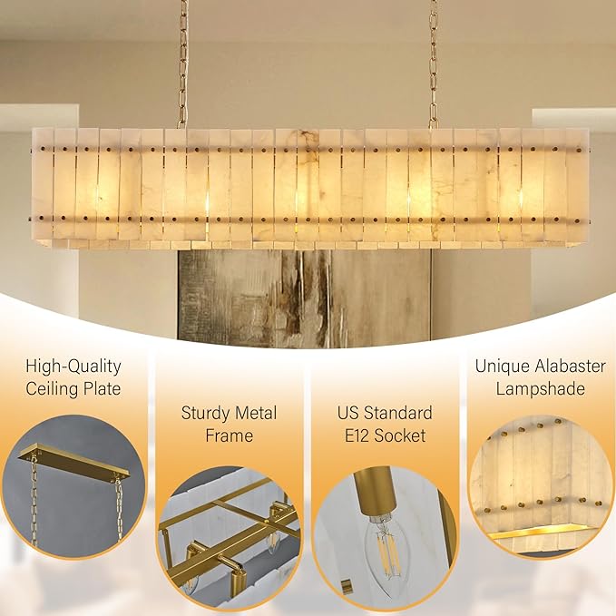 53.4" Rectangle Alabaster Chandelier, Modern Dining Room Chandeliers, 10-Light Marble Hanging Pendant Dining Light Fixture for Kitchen Island, Living Room, Bedroom, Foyer, Entryway