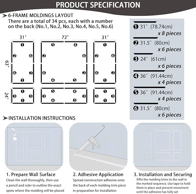 6-Frame Premade Accent Wall Molding Kit, Ready-to-Assemble Wainscoting Panels, Pre-Cut Chair Rail Moulding Trim for Home Décor