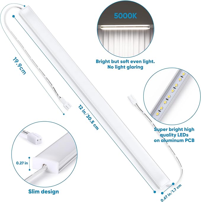 Litever Under Cabinet Lights Plug in, 6 pcs 12 Inches LED Light Strip Bars. Super Bright Dimmable Linkable for Kitchen Counter Above Cabinets Shelf Workbench Desk Closet Lighting. Daylight 5000K