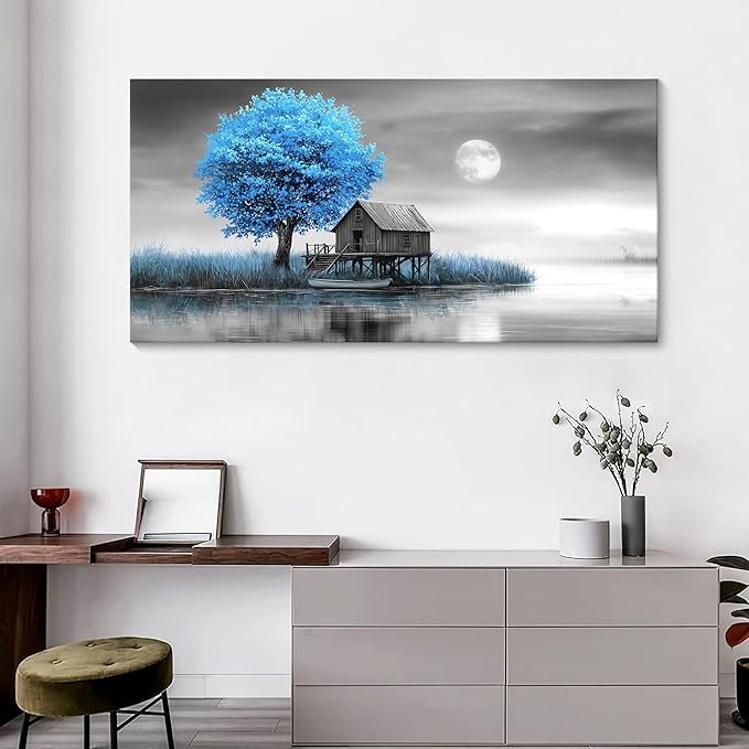 JEAWA Large Canvas Wall Art Decor - Blue Gray Wall Art for Living Room Home Office, Winter Landscape Wall Art Canvas Paintings, Moon Pictures Wall Decor, Tree Art Wall Decor, 29x58 IN