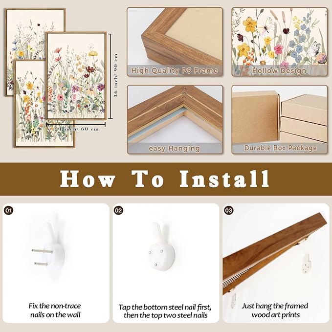 BINCUE Wildflower Wall Art Large Floral Wall Painting Neutral Print Pictures Decor for Living Room Bedroom Bathroom 3 Panel 36x24 Inches