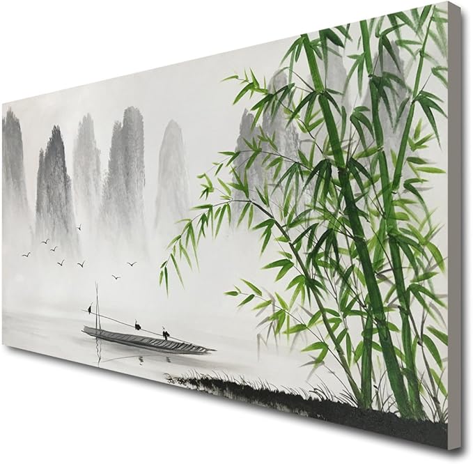 Chinese Shanshui Painting Black and White Landscape Wall Art Green Bamboo Canvas Artwork