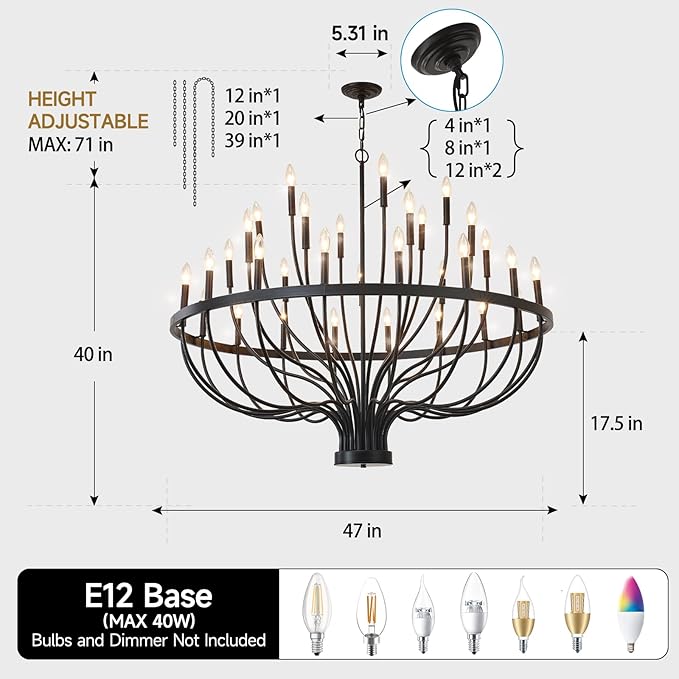 Large Black Chandeliers for High Ceilings, 33-Light 48" Farmhouse Light Fixture for Dining Room Kitchen Island, Modern Industrial Candle Style Chandelier for Living Room Stair Foyer