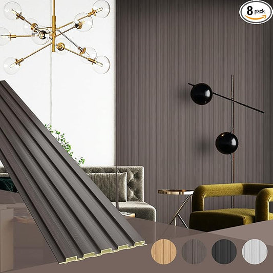 OUZUGIE WPC Acoustic Slat Wall Paneling, 8-Pack 114 x 6 Inches 3D Wall Panels for Interior Wall Decor,Living Room,TV Background,Study Room,Office Spaces,Bedroom,Low Grille (Walnut)