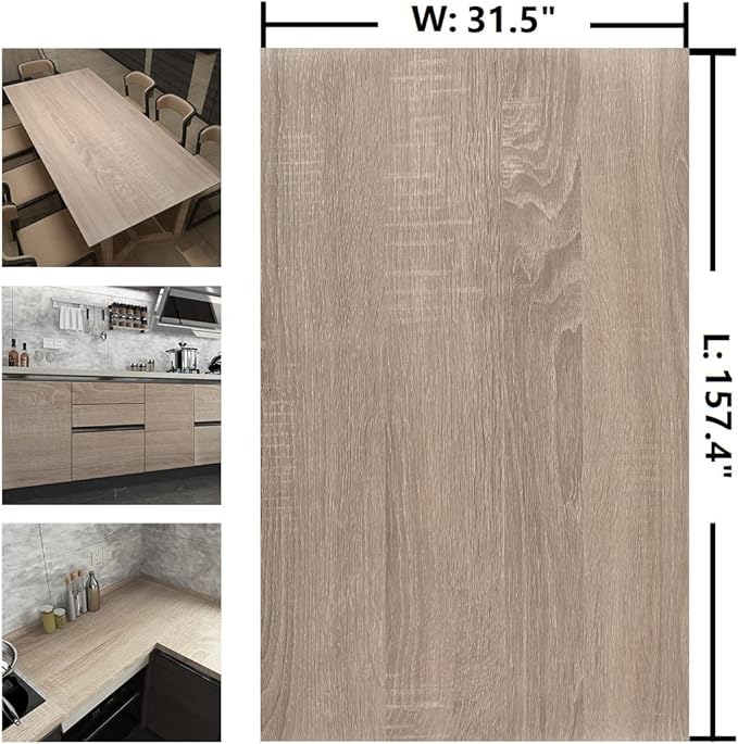 31.5"x 157.4" Light Brown Gray Wood Grain Textured Contact Paper Oak for Countertops Waterproof Removable Wallpaper Peel and Stick Cabinet Desk Covers Vinyl Wrap for Furniture Kitchen Bedroom