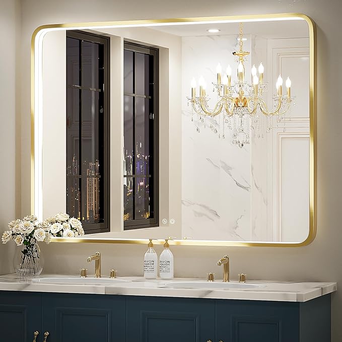48X36 Inch LED Bathroom Mirror,Wall Mounted Lighted Vanity Mirrors with Non-Rusting Gold Metal Frame Anti-Fog Memory Funtion Stepless Dimmable(Horizontal/Vertical)