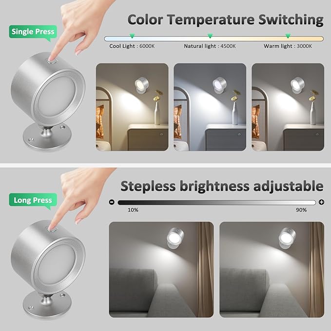 Lightbiz LED Reading Lights, Wall Lights Sconces with Remote Rechargeable Battery Operated, 3 Color Temperatures & Dimmable Light Magnetic Ball 360°Rotation, Lamps for Study Bedside Closet