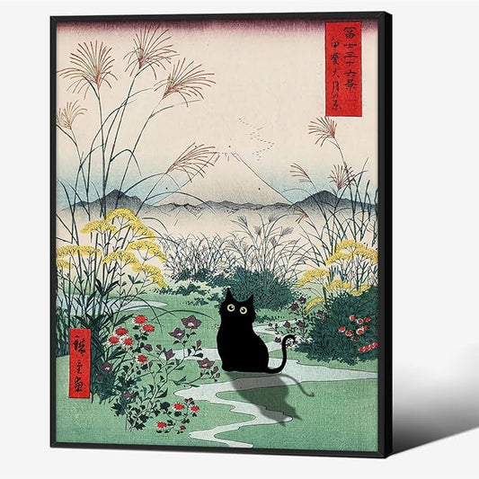 Black Framed Canvas Wall Art Posters Funny Japanese Black Cat Poster Modern Ukiyo-e Decor Picture for Home Bedroom Dorm Wall Decorations 24x32in