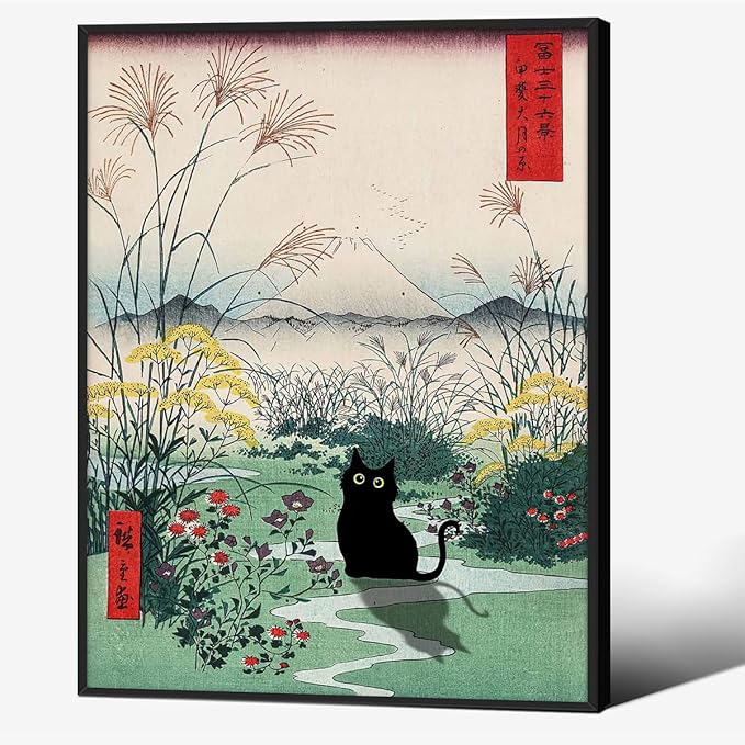 Black Framed Canvas Wall Art Posters Funny Japanese Black Cat Poster Modern Ukiyo-e Decor Picture for Home Bedroom Dorm Wall Decorations 12x16in