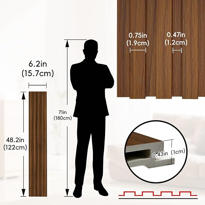 18Pack WPC Wainscoting Panels, 48.2 x 6.2 Inches 3D Accent Wall Panels for Interior Wall Decor, Fluted Wood Paneling for Living Room, TV Background, Office, Bedroom (Teak)