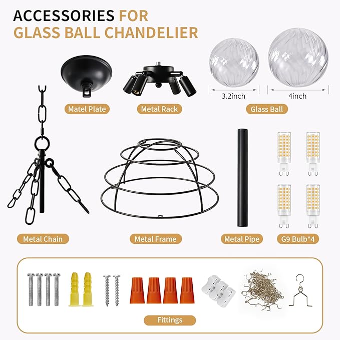 Nordic Bubble Ball Swirled Modern Chandelier,Dia 20 Inch Bubble Chandelier Lighting, Black and Clear Glass Chandelier,for Bedroom Study Restaurant