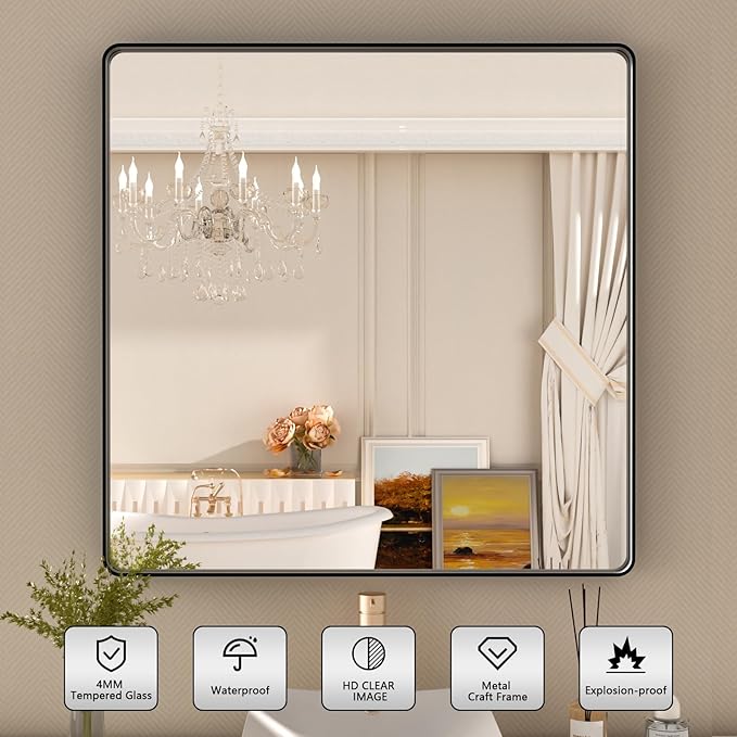 36x36 Inch Black Bathroom Mirror,Rectangle Matte Black Bathroom Vanity Mirror for Wall,Tempered Glass,Round Corner Black Metal Framed Mirror