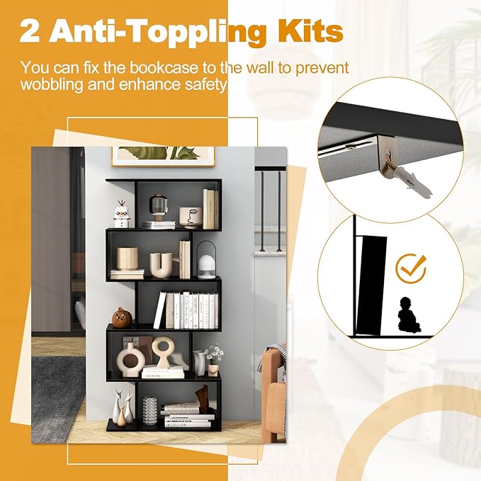 5 Tier Geometric Bookcase, S Shaped Bookshelf, Modern Decorative Storage Shelving, Wooden Room Divider Bookcase, 62.5" Tall Staggered Display Book Shelf for Living Room (2, Black)