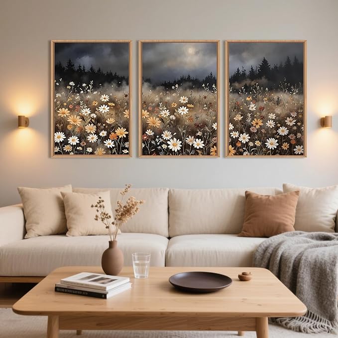 Moody Wildflower Framed Canvas Wall Art Set, Calming Nature Dark Floral Wall Decor, Boho Misty Forest Botanical Meadow Artwork Modern Landscape Print for Living Room,Bedroom-16 x24 x3