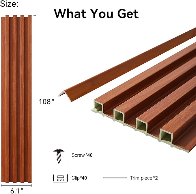 8-Pack WPC Wall Panels 108’’ x 6.1’’ 3D Slat Wall Panel Acoustic Wall Paneling for Interior Wall Decor TV Background Kitchen Bedroom Teak