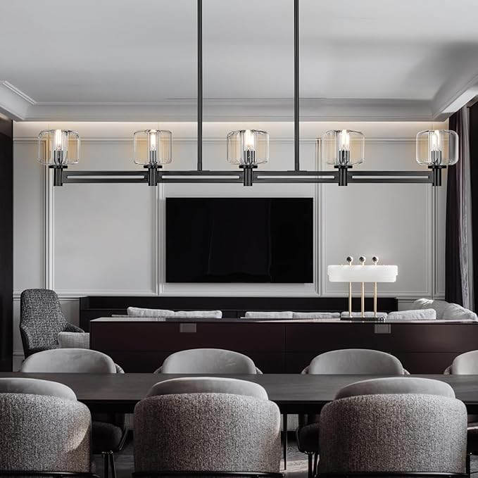 Modern Crystal Chandelier, 54" Black Rectangle Chandeliers for Dining Room, 5-Light Kitchen Island Lighting, Light Fixtures Over Table,Pendant Lighting Fixture for Dining Room Bedroom