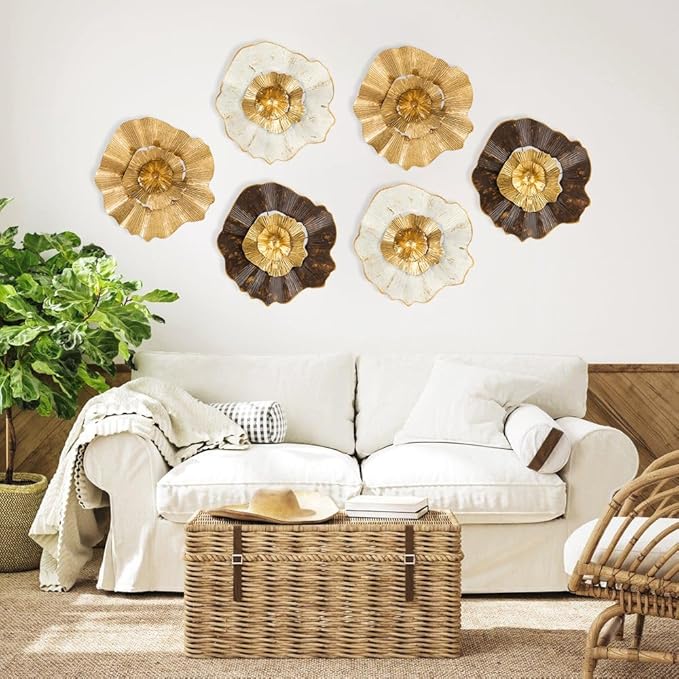 Briful 12" Gold Wall Décor Pack of 3 Metal Flower Plate Wall Art Modern Accent Hanging Wall Decorations For Home Office Bedroom Or Living Room Wall Sculptures