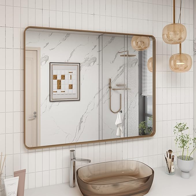 40x30 Gold Bathroom Mirror, Brushed Metal Frame Vanity Mirror, Modern Gold Rectangle Mirror, Rounded Corner, Shatterproof, Anti-Rust, Rose Gold(Horizontal/Vertical)