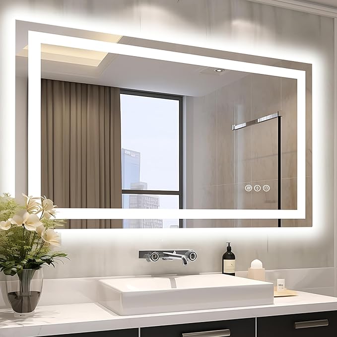 48"x30" LED Bathroom Mirror with Front & Backlit, Anti-Fog, Dimmable, Plugin/Hardwired, Shatterproof & Corrosion Proof, Wall Mount, Modern Style
