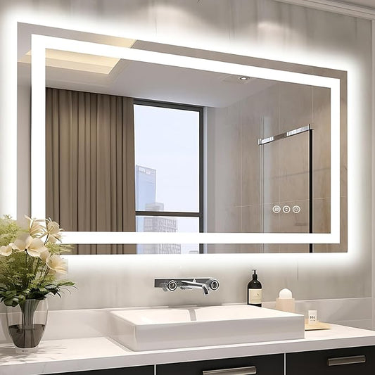 48"x30" LED Bathroom Mirror with Front & Backlit, Anti-Fog, Dimmable, Plugin/Hardwired, Shatterproof & Corrosion Proof, Wall Mount, Modern Style