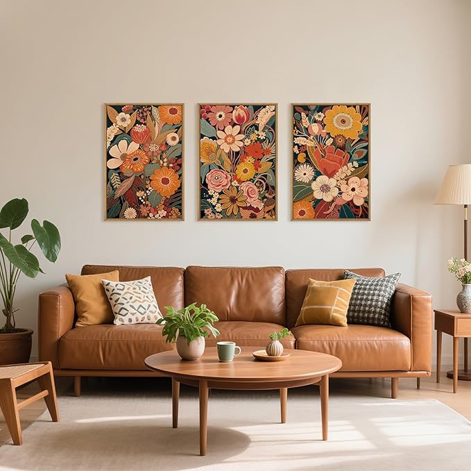 Large Brunt Orange Floral Framed Canvas Wall Art,Colorful Vintage Blossom Wall Decor, Boho Retro Flower Artwork,Mid Century Wildflower Botanical Art Print for Living Room,Bedroom- 16"x24"x3