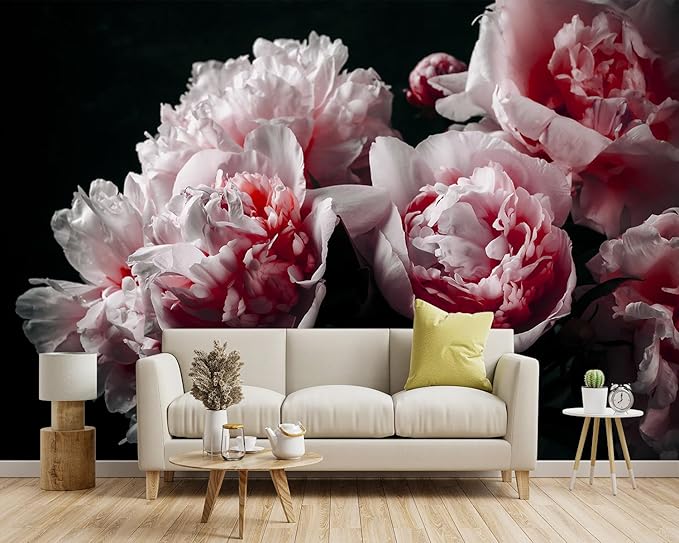 Black Peony Pink Floral Living Room Fabric Wallpaper Bedroom Bathroom Dark Flowers Large Wall Mural- 160"x108"（ not Peel and Stick）