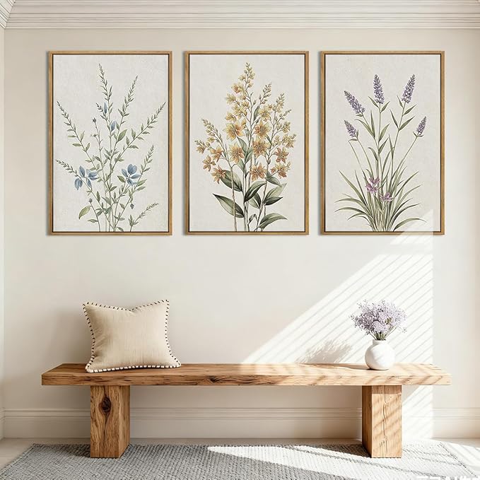 Anyzal Extral Large Neutral Floral Wall Art Beige Botanical Wall Decor Wildflower Painting 24x36 Inch Set of 3 for Living Room Bedroom Dining Room