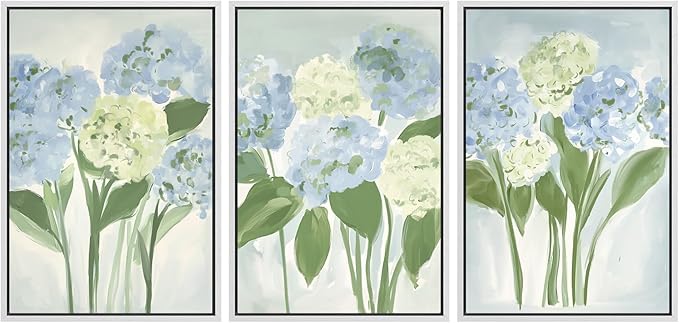 MUDECOR Framed Wall Art Print Set Blue Hydrangea Floral Botanical with Green Leaves Illustrations Modern Art Boho Decorative Colorful Chic for Living Room, Bedroom, Office - 24"x36"x3 White
