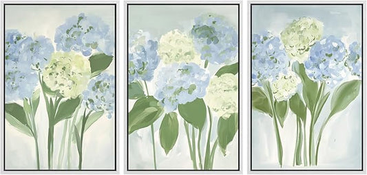 MUDECOR Framed Wall Art Print Set Blue Hydrangea Floral Botanical with Green Leaves Illustrations Modern Art Boho Decorative Colorful Chic for Living Room, Bedroom, Office - 16"x24"x3 White