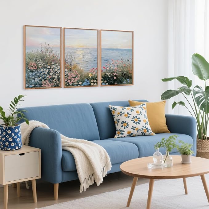 CHDITB Seaside Floral Framed Canvas Wall Art Set, Nature Inspired Ocean View Wall Decor, Sunrise Art Spiritual Wall Painting, Coastal Wildflowers Art Prints for Living Room, Office-Size 16"x24"x3