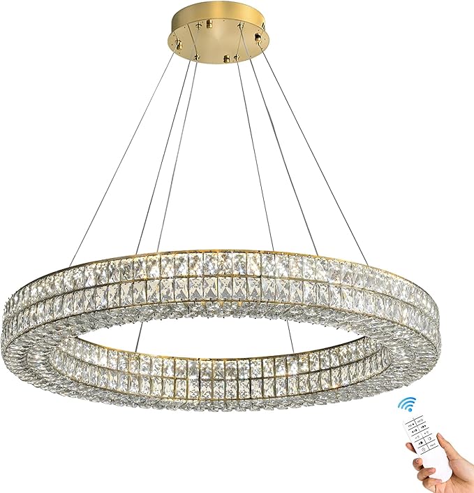 Led Ring Crystal Chandelier for Living Room, Modern Dimmable Chandeliers Lighting and Hanging Adjustable, LED Round Ceiling Chandelier for Dining Room (40inch,Gold)