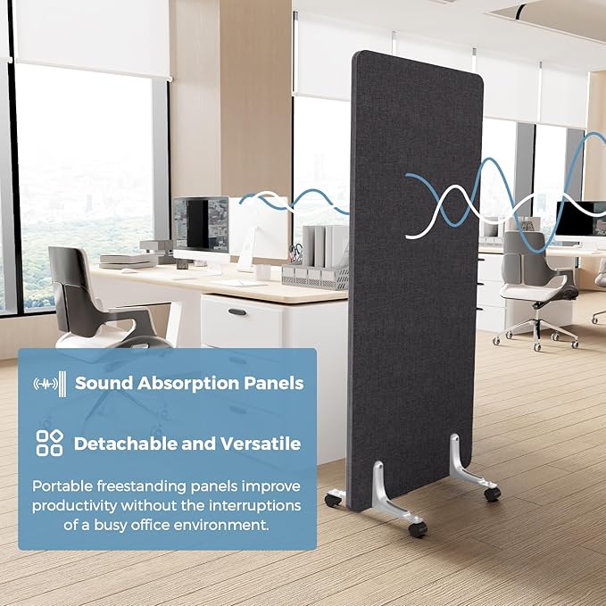 70.8" W x 63" H Freestanding Partition Room Dividers, Acoustic Panels with Wheels, 3 Soundproof Privacy Panels for Office, Reception Room, School, Hospital, Dark Grey