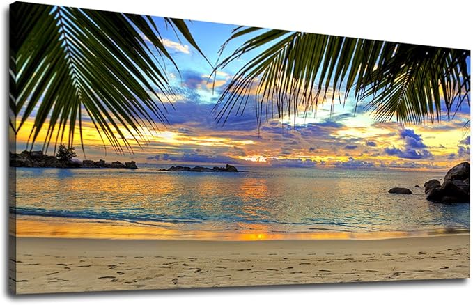 Canvas Wall Art Tropic Beach Sunset Palm Tree Leaves Large Nature Canvas Pictures Coast Landscape Canvas Artwork Seascape Ocean Contemporary Wall Art for Living Room Home Office Wall Decor 20" x 40"