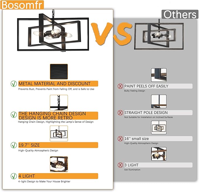 19.7'' Modern Chandelier 4-Light, Black Farmhouse Light Fixture Cross Chandeliers for Dining Room Living Kitchen Island Bedroom Living,Rectangular Metal Industrial Hanging Ceiling Lighting