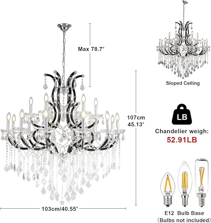 Black Large K9 Crystal Chandelier 18-Lighting Maria Theresa Chandeliers Luxury Modern High Ceiling Candle Chandelier Pendant Light Fixture 41" for Living Room, Dining, Foyer, Staircase, Entryway