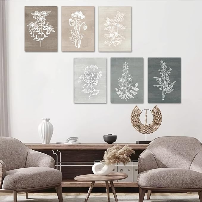 BINCUE Neutral Botanical Plant Canvas 6 Pieces Rustic Farmhouse Wall Art for Living Room Bedroom and Bathroom,Canvas Paintings Print Set Decor 12"x 16"