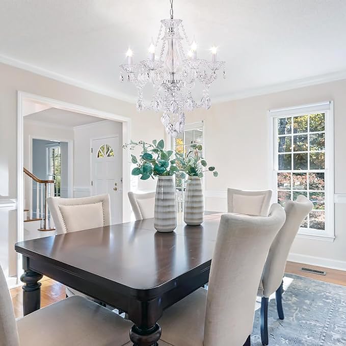 Modern Crystal Chandelier with 6 E12 Sockets, Adjustable Chain, Elegant K9 Crystal Lighting Fixture for Living Dining Room, Foyer