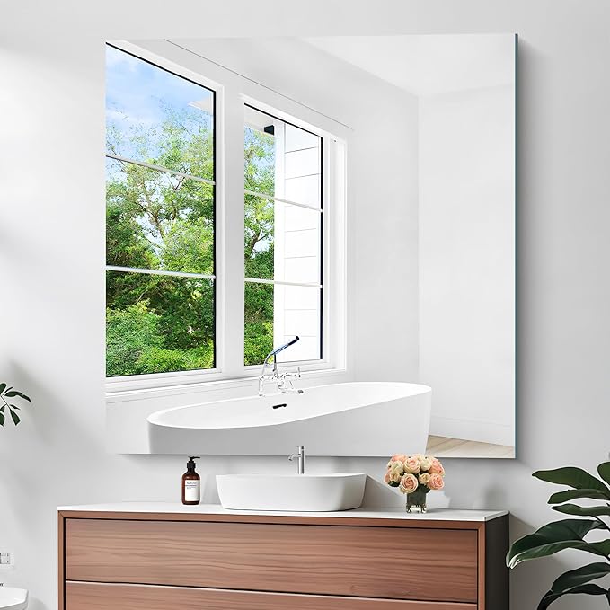 KOCUUY Large Frameless Mirror, 48x48 Inch Square Bathroom Vanity Mirror for Over Sink, Upgraded Shatterproof Unframed Design for Bedroom, Living Room, Entryway