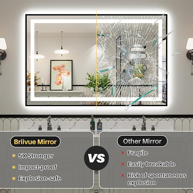 60x40 Inch LED Bathroom Mirror with Black Frame, Backlit & Front Lit, Anti-Fog Lighted Bathroom Vanity Mirror for Wall, Memory Function, Dimmable, HD Tempered Glass, Shatter-Proof